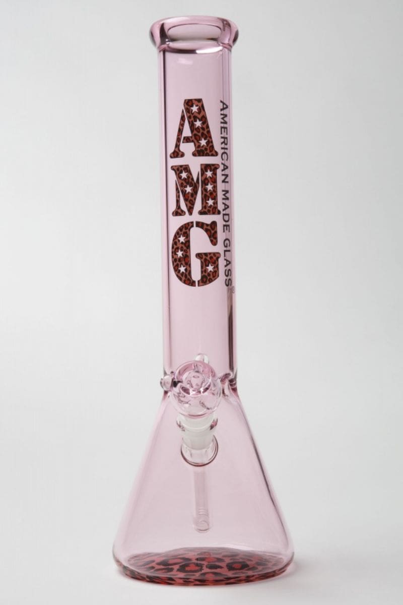 AMG Leopard Design Base Pink Beaker Bong (15 Inches) - American 420 Online SmokeShop